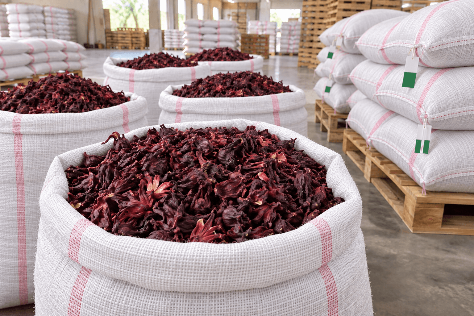Open white woven sacks of dried Nigerian hibiscus flowers prepared for export