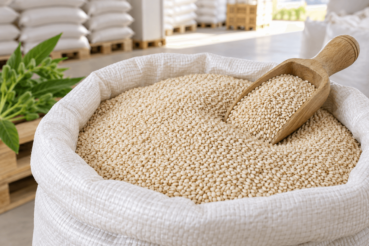 White sesame seeds with a wooden sampling scoop in an export sack